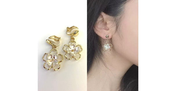 Romantic Gold Seashell Flower Dangle Clip On Earrings