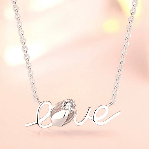 Delicate Sparkling Rose Bud CZ & Love Sterling Silver Necklace - Ella Moore