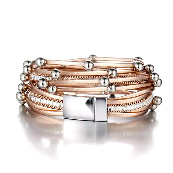 Shimmering  Rose Gold Bead Wrap Leather Bracelet - Ella Moore