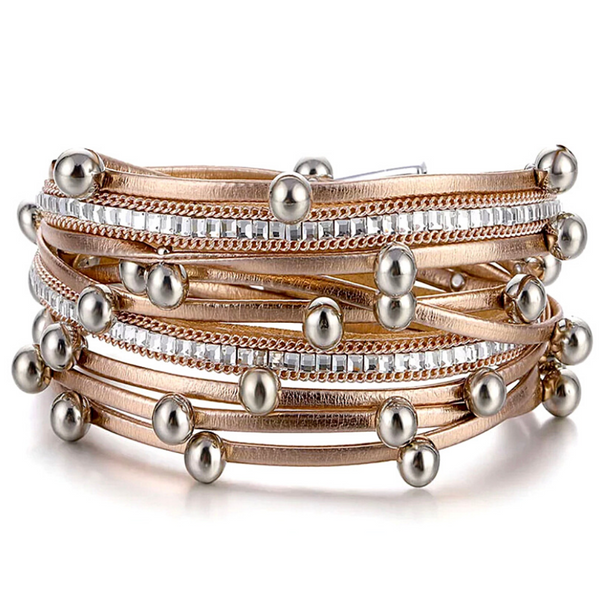 Shimmering  Rose Gold Bead Wrap Leather Bracelet - Ella Moore