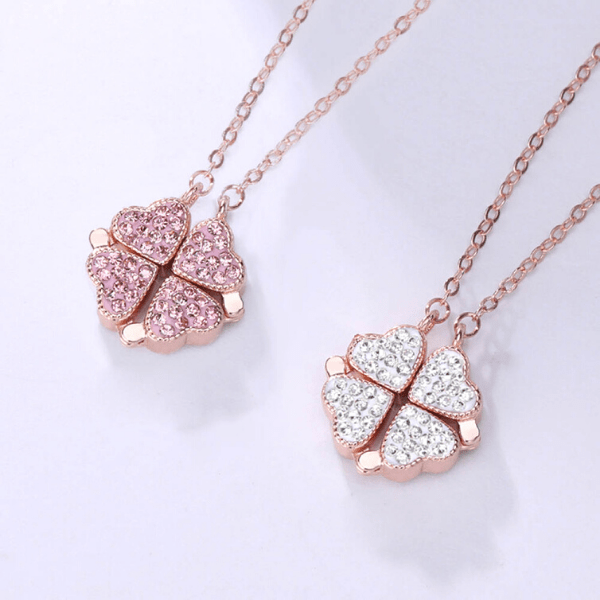 Shimmering CZ Sterling Silver 4 Leaf Clover Heart Two Way Magnetic Necklace - Rose Gold