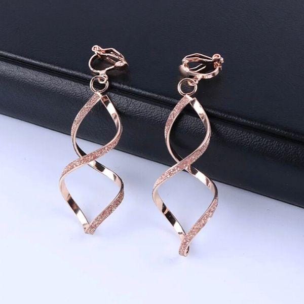 Rose Gold Shimmering Twist Spiral DNA Dangle Clip On Earrings - Ella Moore