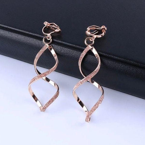 Rose Gold Shimmering Twist Spiral DNA Dangle Clip On Earrings - Ella Moore