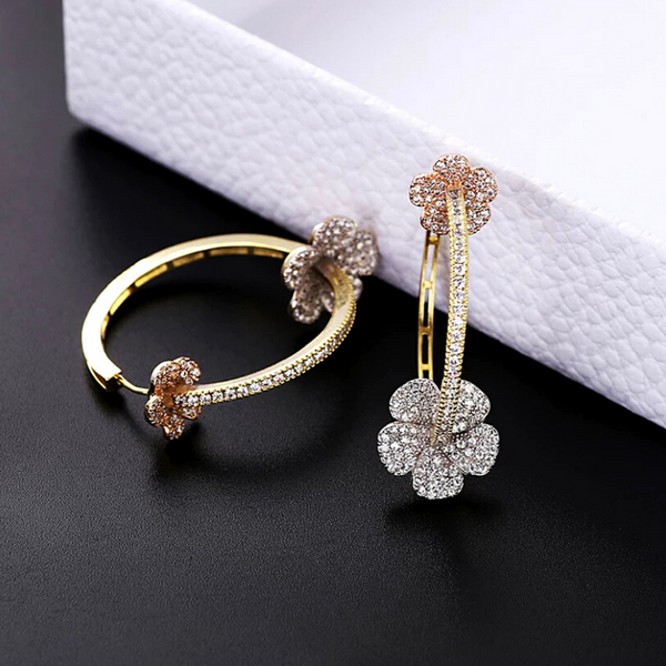 Rose gold and silver Dazzling CZ Double Flower Hoop Earrings - Ella Moore