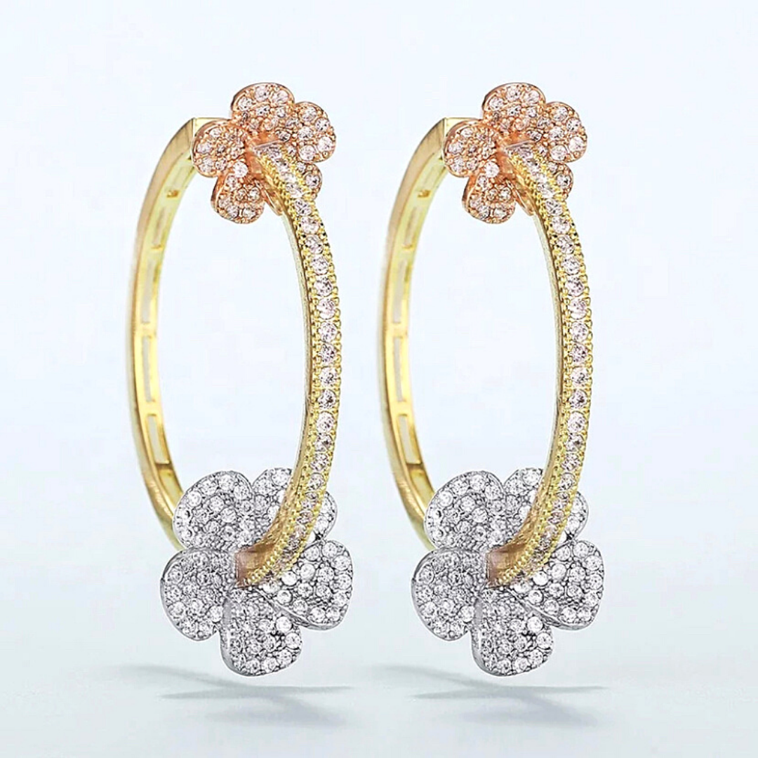 Rose gold and Silver Dazzling CZ Double Flower Hoop Earrings - Ella Moore