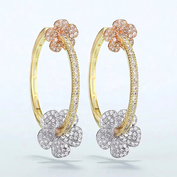 Rose gold and Silver Dazzling CZ Double Flower Hoop Earrings - Ella Moore