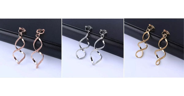 Rose Gold Silver Yellow Gold Shimmering Twist Spiral DNA Dangle Clip On Earrings - Ella Moore