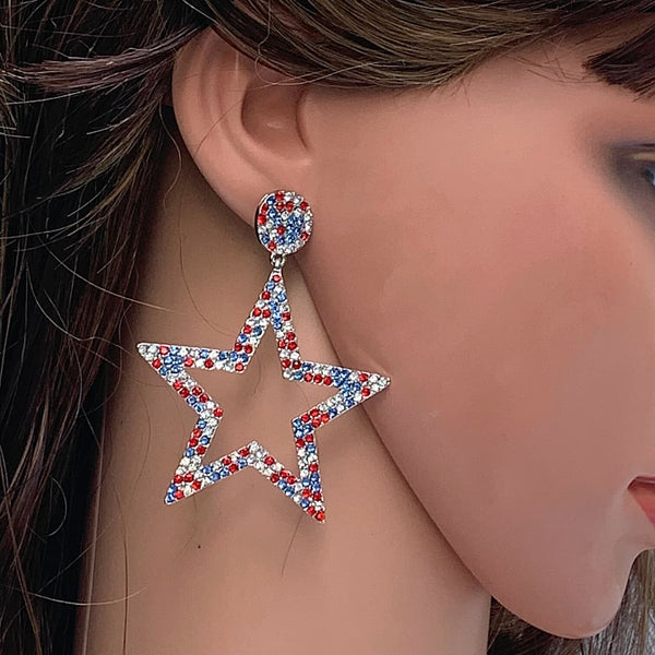 Shimmering Extra Large Red White Blue Star Earrings - Ella Moore