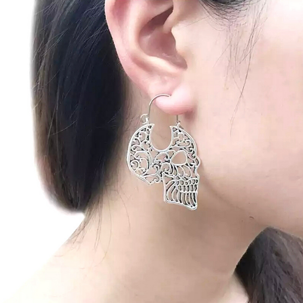 Silver Filigree Skull Hoop Earrings - Ella Moore