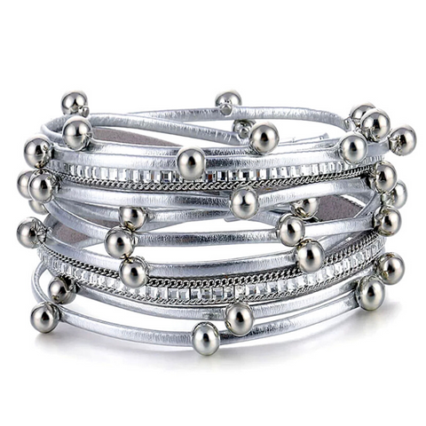Silver Shimmering Bead l Wrap Leather Bracelet - Ella Moore