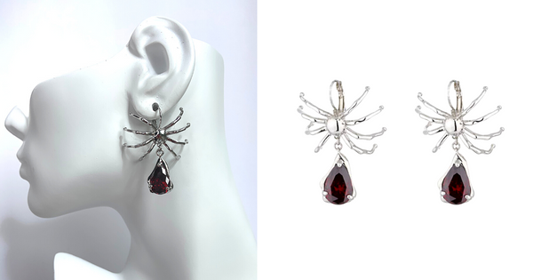 Sophisticated Silver Drop Red CZ Spider Earrings