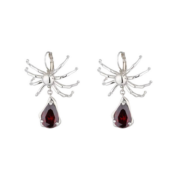 Sophisticated Silver Drop Red CZ Spider Earrings - Ella Moore