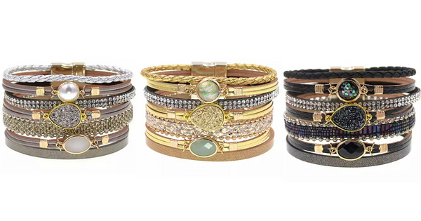 Silver Gold Black Embellished Crystal Druzy Rhinestone Wide Leather Bracelet - Ella Moore