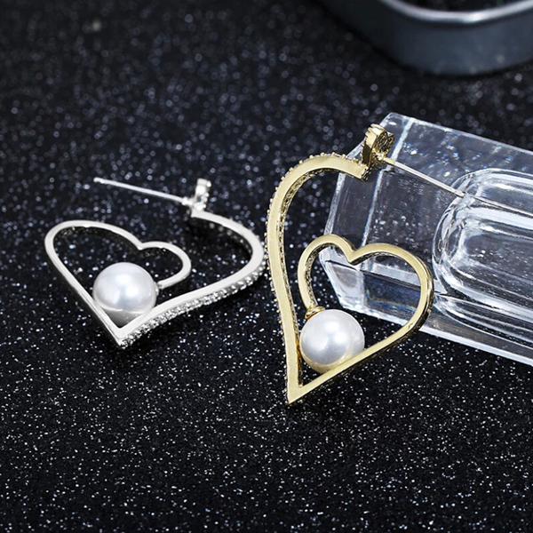 Silver and Gold Classy Pearl CZ Heart Hoop Earrings - Ella Moore
