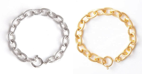 Silver and Gold Textured Women Oval Link Twist Chain Bracelet - Ella Moore
