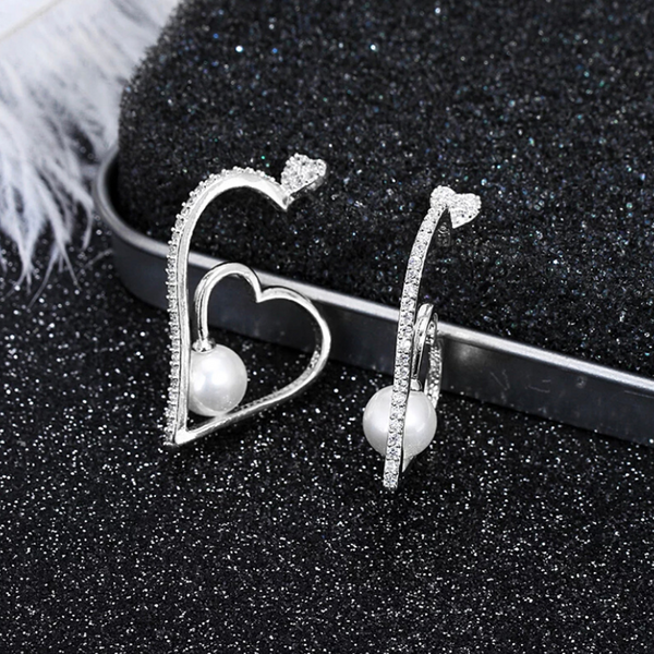 Silver Classy Pearl CZ Heart Hoop Earrings - Ella Moore