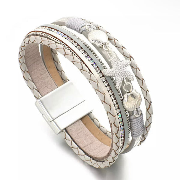 Silver Rhinestone Seashell and Starfish Wrap Leather Bracelet - Ella Moore