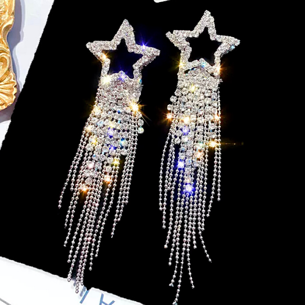 Silver Shimmering CZ Star Tassel Earrings - Ella Moore