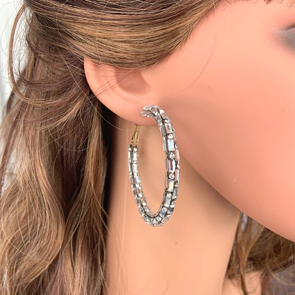 Silver  Shimmering Mirror Rhinestone Hoop Earrings - Ella Moore