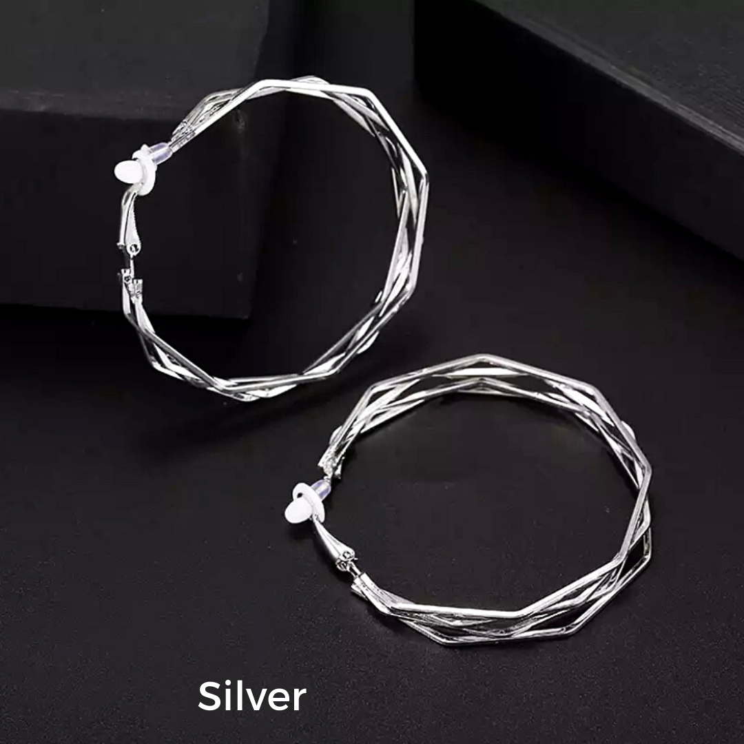 Silver Triple Geometric Large Hoop Clip On Earrings - Ella Moore