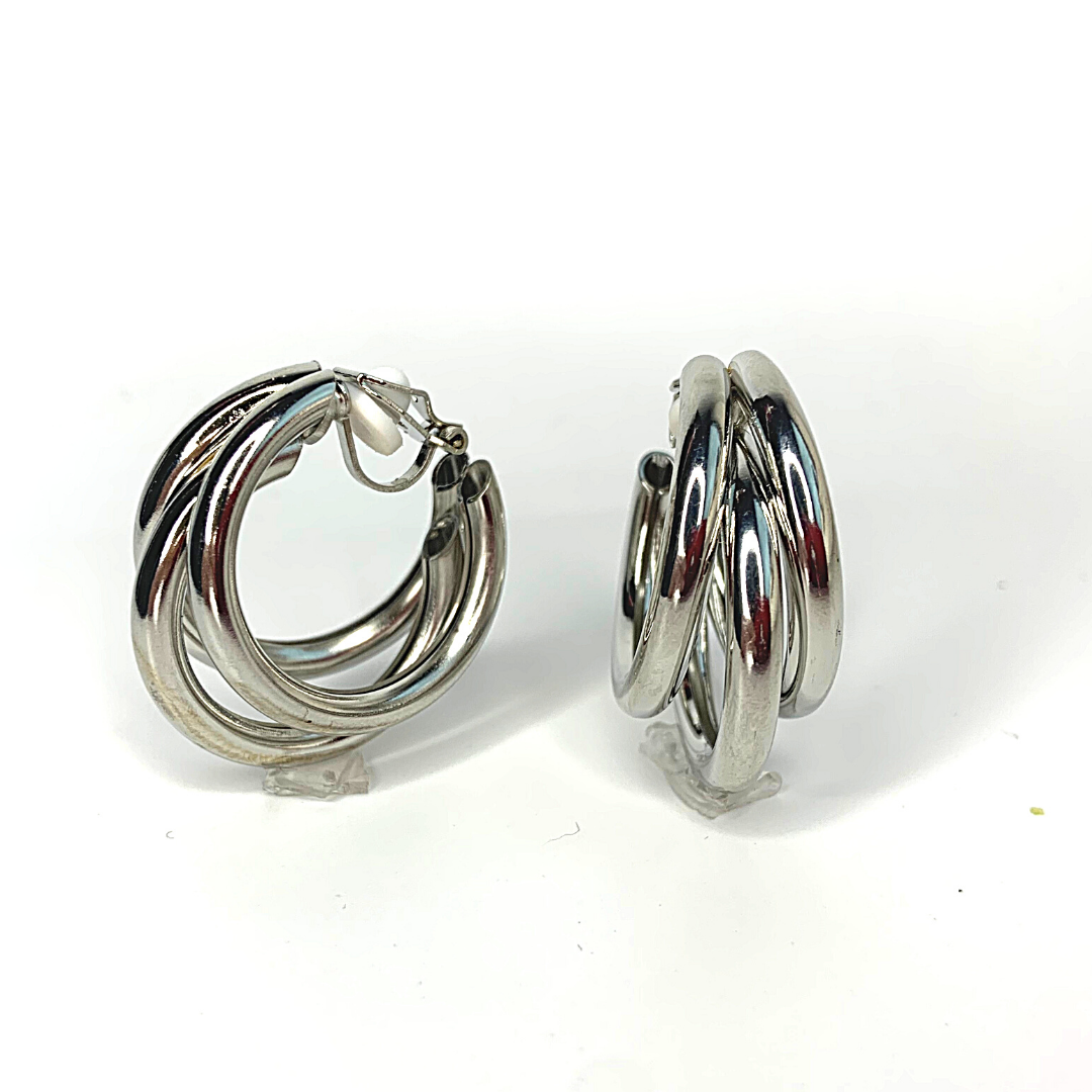 Silver Polished Triple Hoop Clip On Earrings - Ella Moore