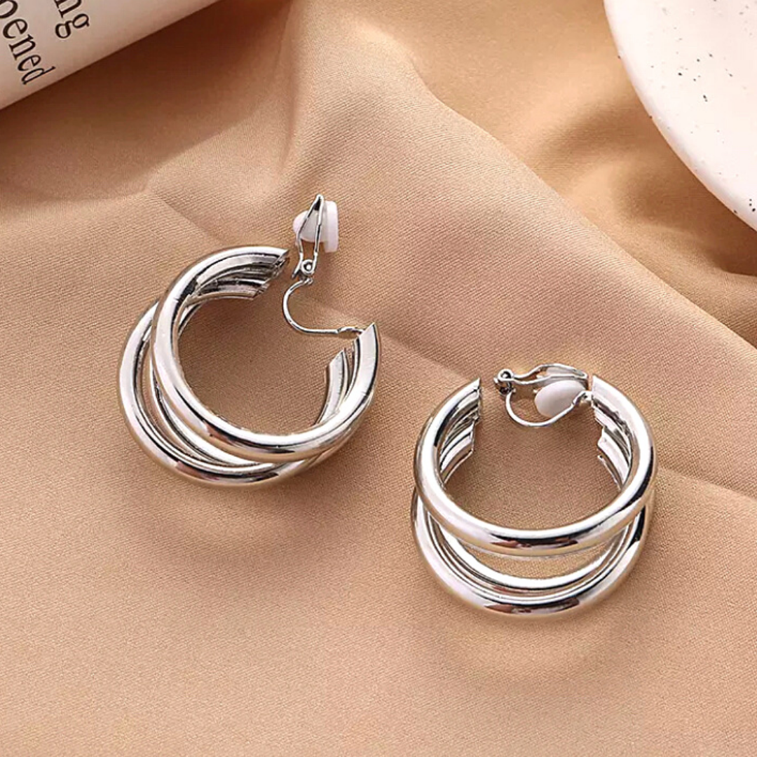 Polished Silver Triple Hoop Clip On Earrings - Ella Moore