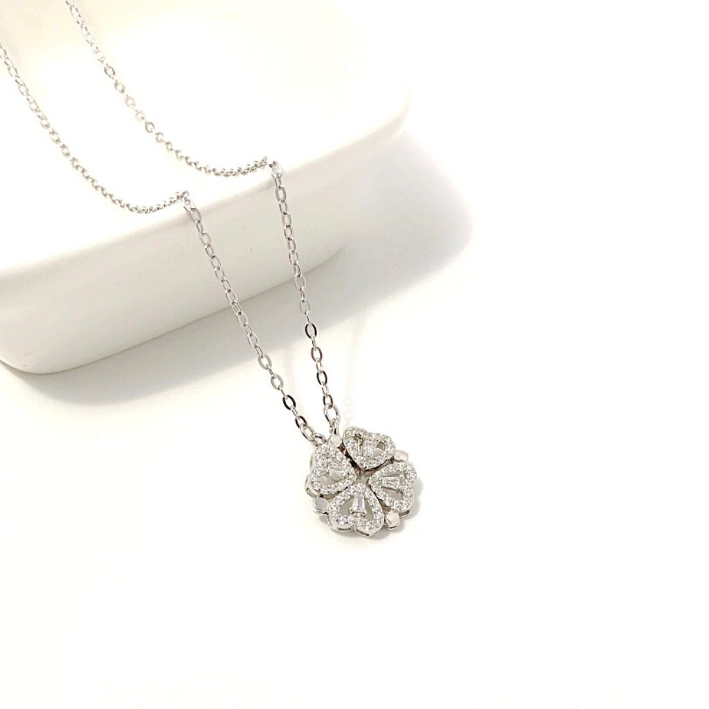 Silver Shimmering Two Way Magnetic CZ Sterling Silver 4 Leaf Clover Heart Necklace - Ella Moore