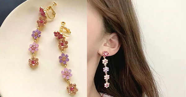 Soft Feminine Flower Drop Dangle Gold Clip On Earrings - Ella Moore