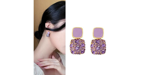 Refined Square Crystal Purple Dangle Earrings