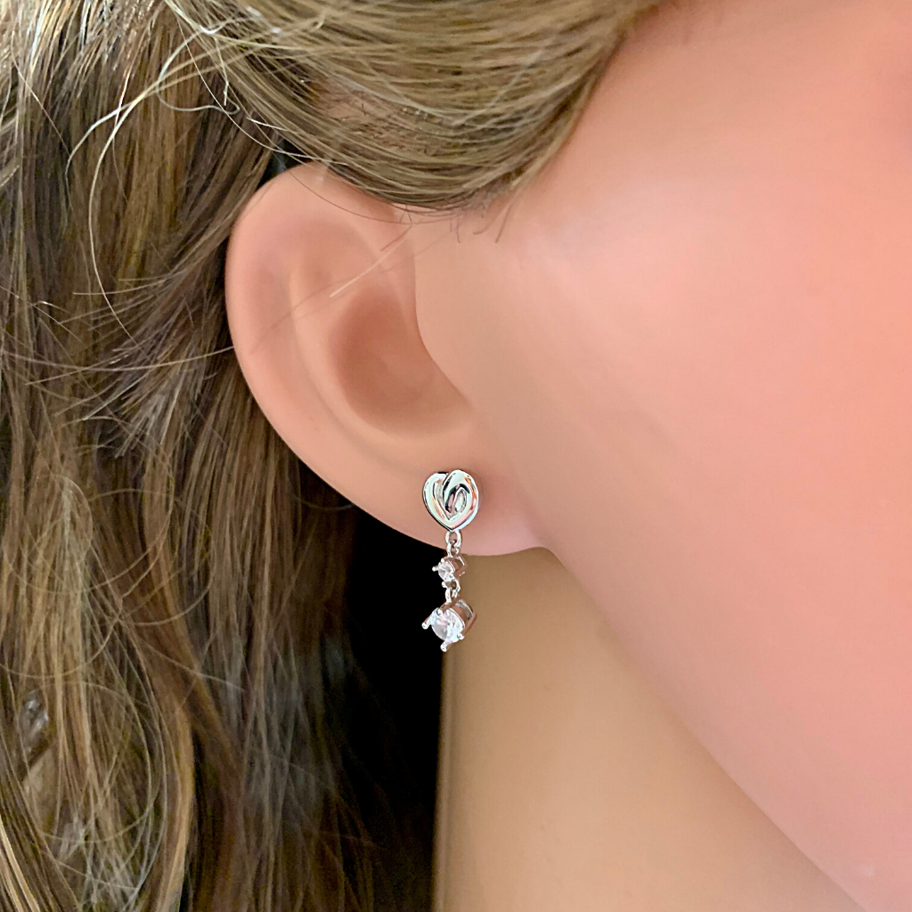 Delicate Sterling Silver Drop Swirl CZ Heart earrings - Ella Moore