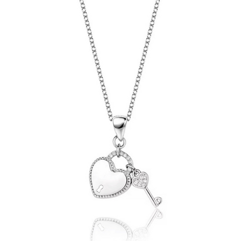 Romantic Sterling Silver CZ Heart Lock and Key Necklace
