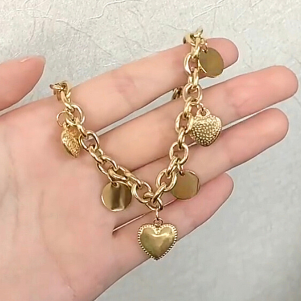 Textured Heart and Disk Gold Charm Bracelet - Ella Moore