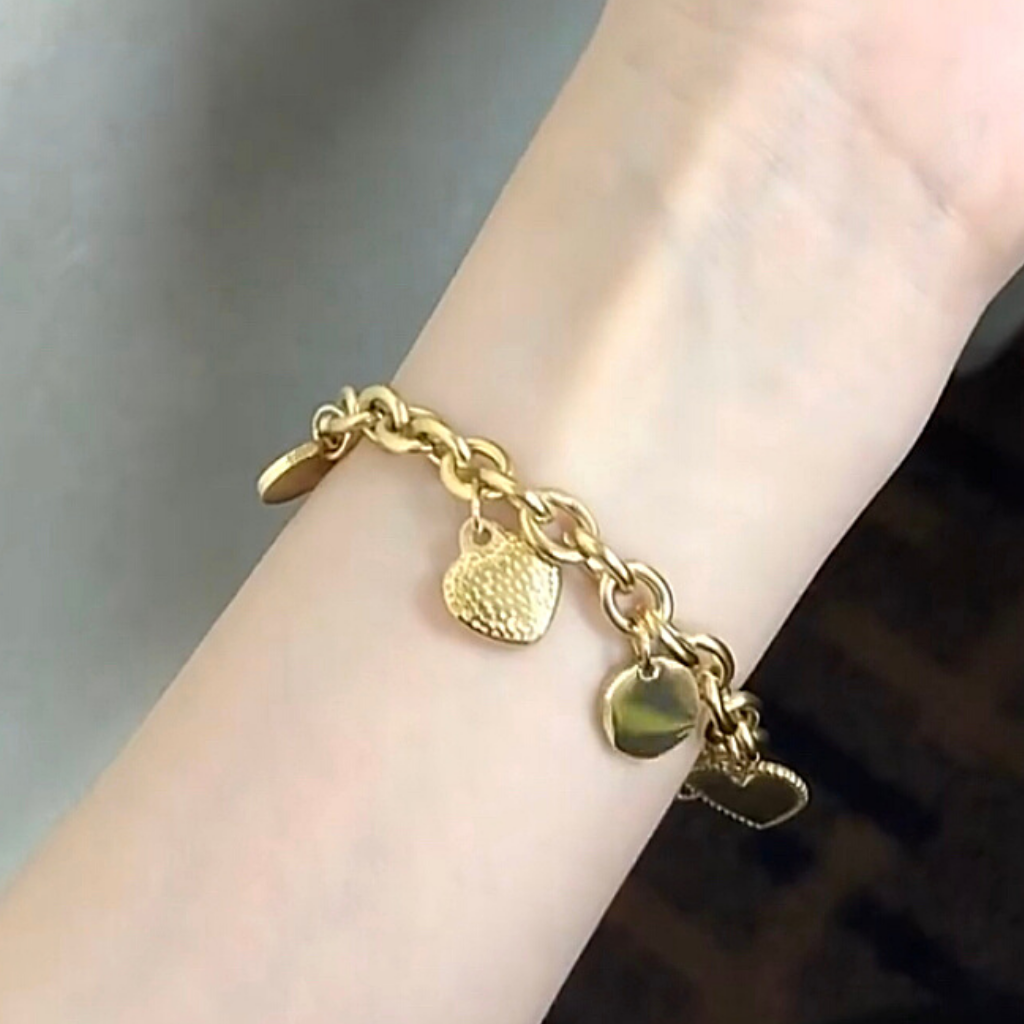 Textured Heart and Disk Gold Charm Bracelet - Ella Moore