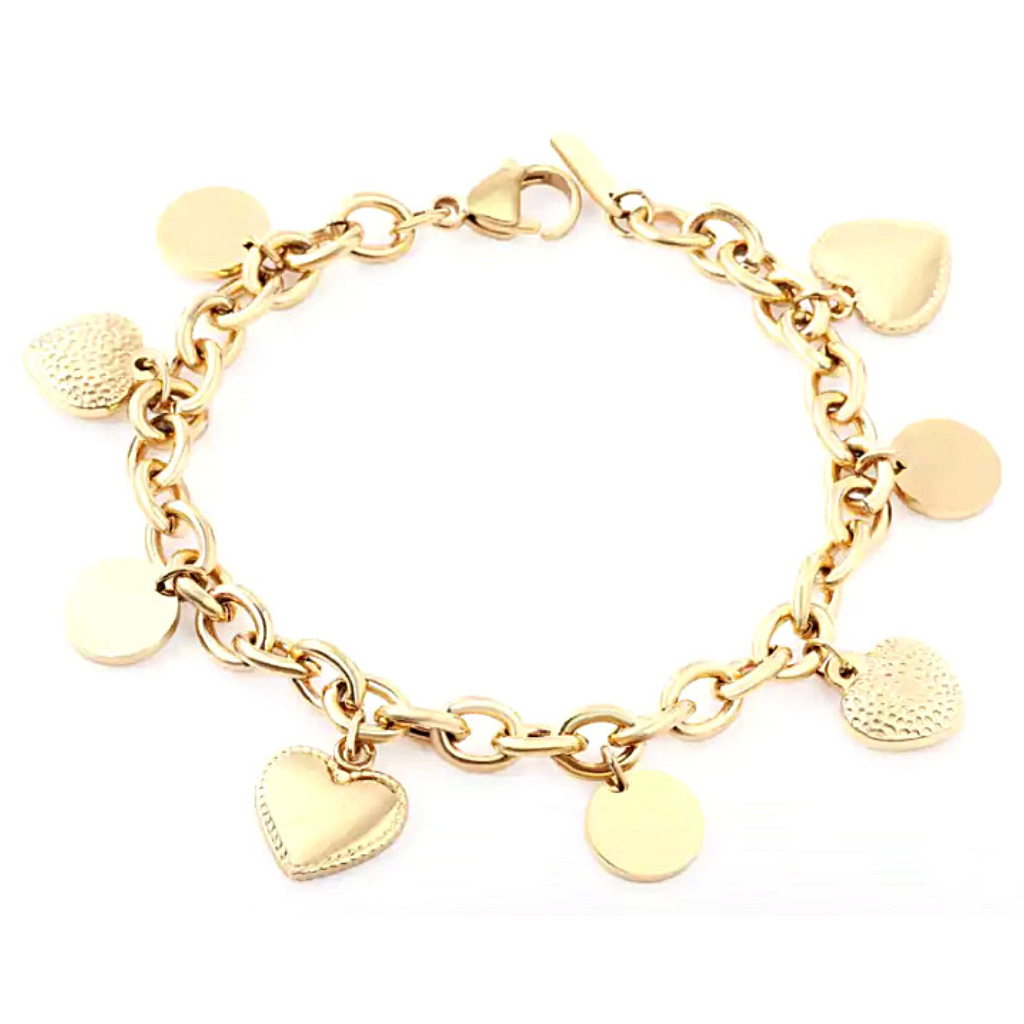 Textured Heart and Disk Gold Charm Bracelet - Ella Moore