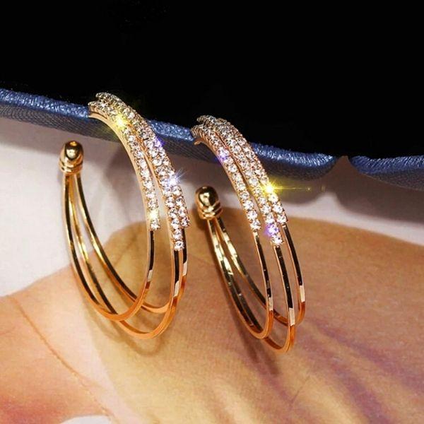 Dazzling Large Triple CZ Women Gold Hoop Earrings - Ella Moore