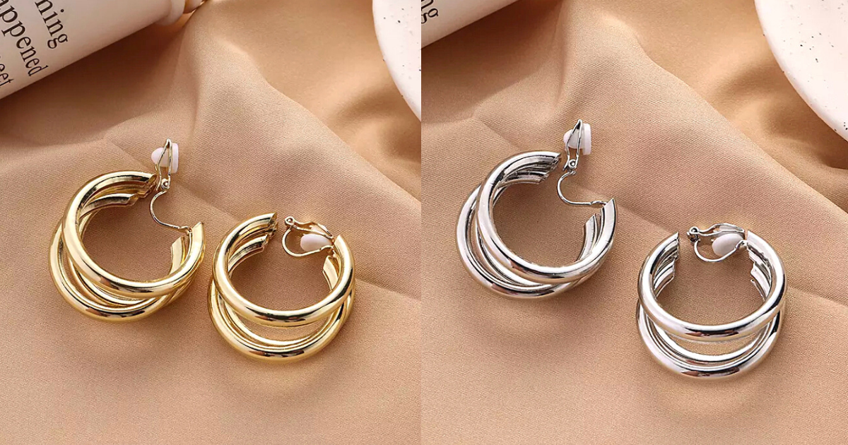 Polished Gold  and Silver Triple Hoop Clip On Earrings - Ella Moore