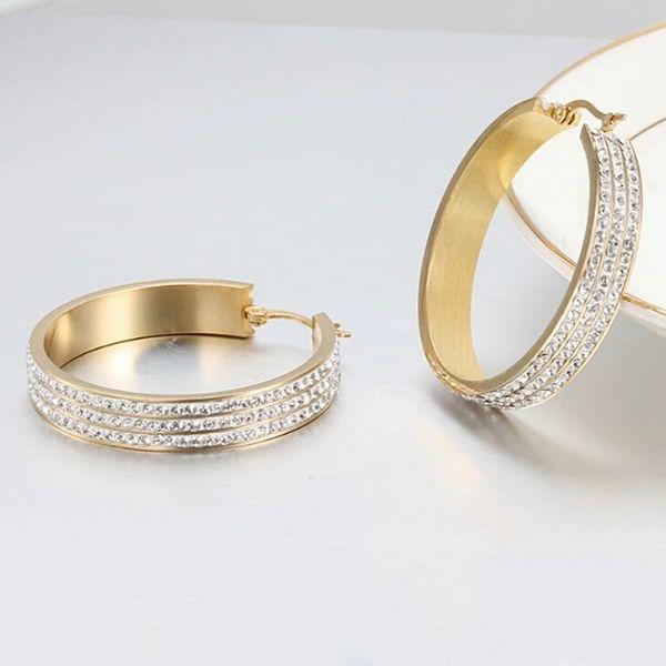 Radiantly Shimmering Triple Row Pave CZ Women Gold Hoop Earrings