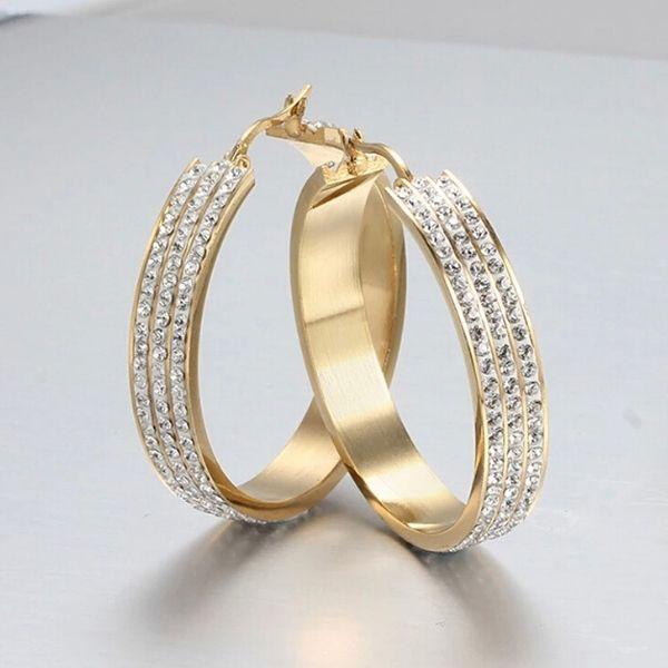 Radiantly Shimmering Triple Row Pave CZ Women Gold Hoop Earrings