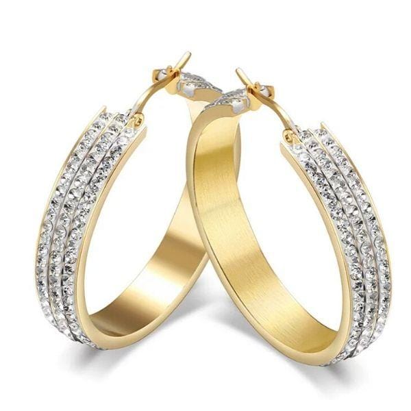 Radiantly Shimmering Triple Row Pave CZ Women Gold Hoop Earrings