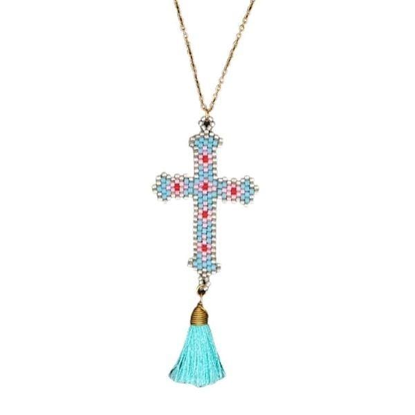 Turquoise-Bohemian Hand-made Mikyuki Seed Bead Gold Cross Necklace - Ella Moore