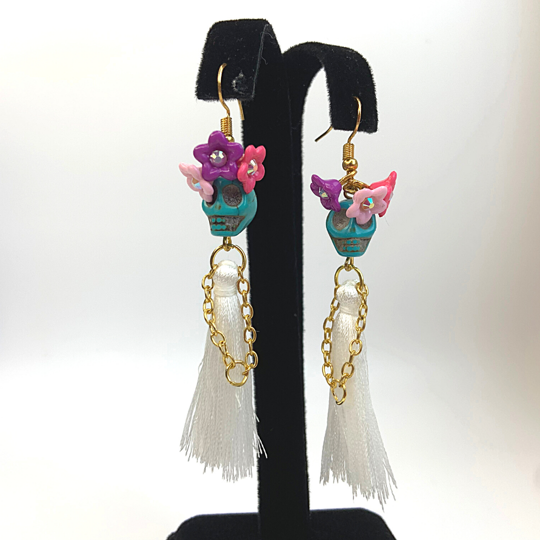 Turquoise Head White Dress Triple Flower Lady Tassel Handmade Skeleton Skull Earrings - Ella Moore