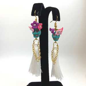 Turquoise Head White Dress Triple Flower Lady Tassel Handmade Skeleton Skull Earrings - Ella Moore