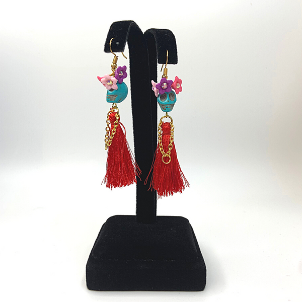 Turquoise Head Red Dress Flower Lady Tassel Handmade Skeleton Skull Earrings - Ella Moore