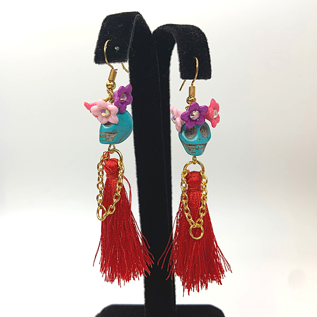  Turquoise Head Red Dress Flower Lady Tassel Handmade Skeleton Skull Earrings - Ella Moore