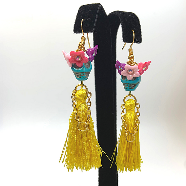 Turquoise Head Yellow Dress Flower Lady Tassel Handmade Skeleton Skull Earrings - Ella Moore