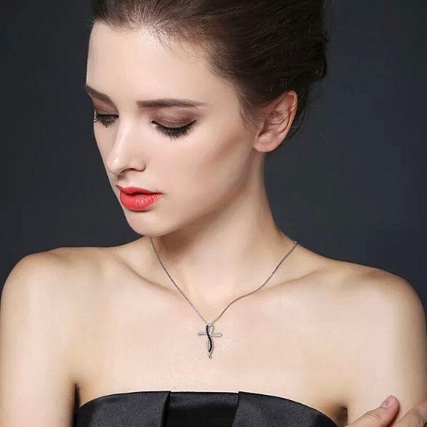 Sophisticated Black & White CZ Sterling Silver Cross Necklace - Ella Moore