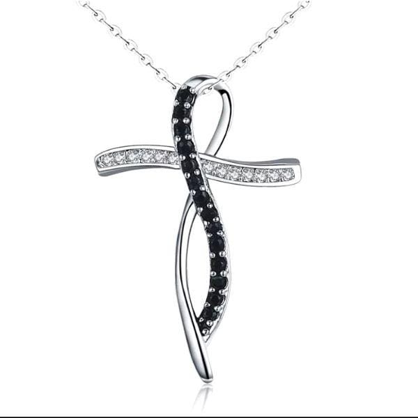 Sophisticated Black & White CZ Sterling Silver Cross Necklace - Ella Moore