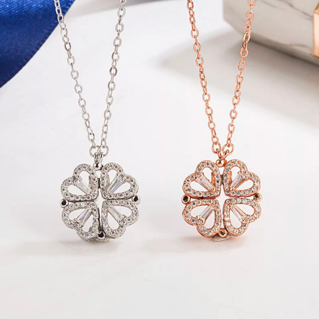 Shimmering CZ Sterling Silver 4 Leaf Clover Heart Two Way