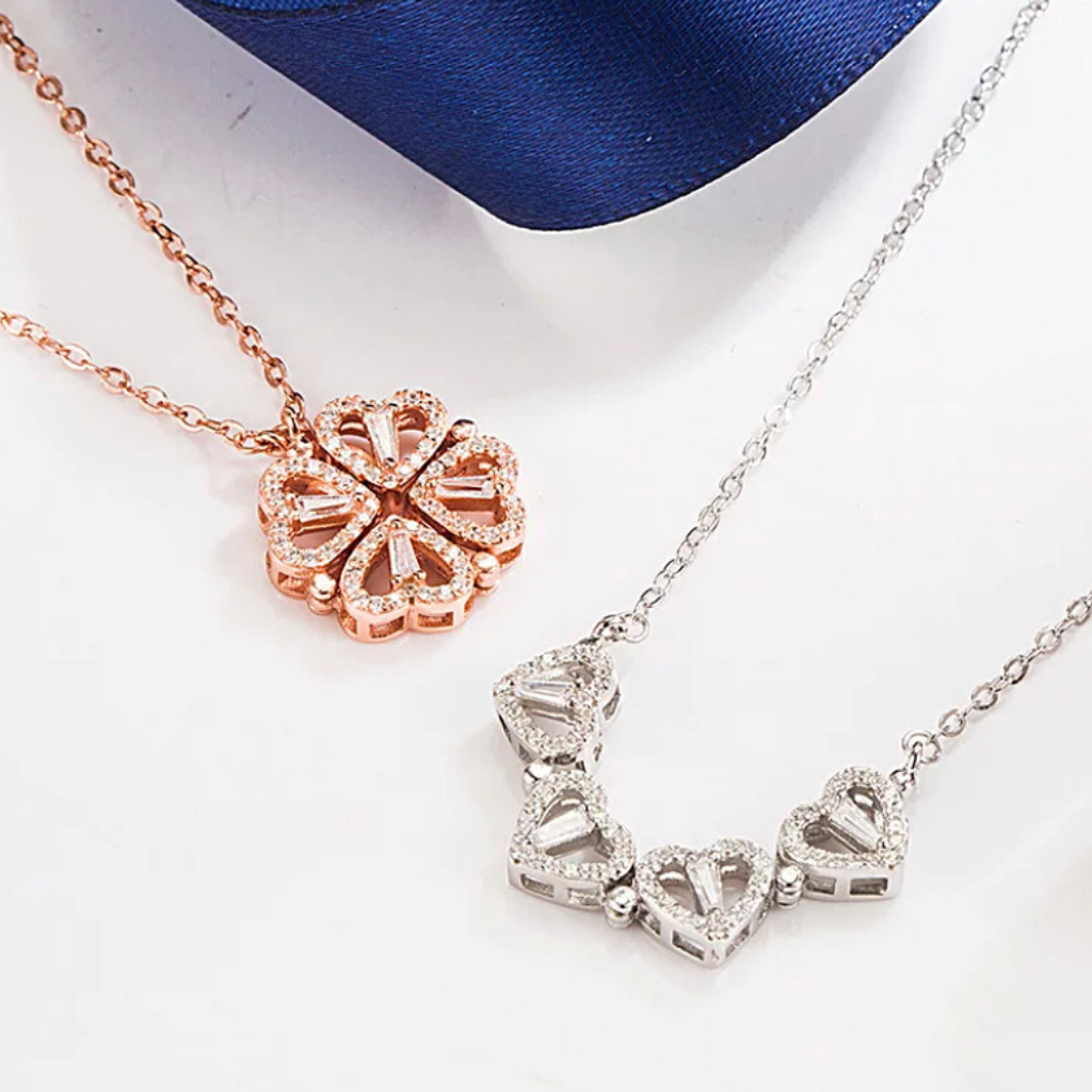 Shimmering CZ Sterling Silver 4 Leaf Clover Heart Two Way Magnetic Necklace - Rose Gold