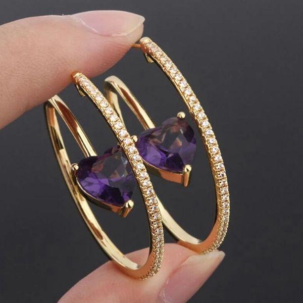Purple Vibrant CZ Swirl Thin Hoop Heart Earrings - Ella Moore